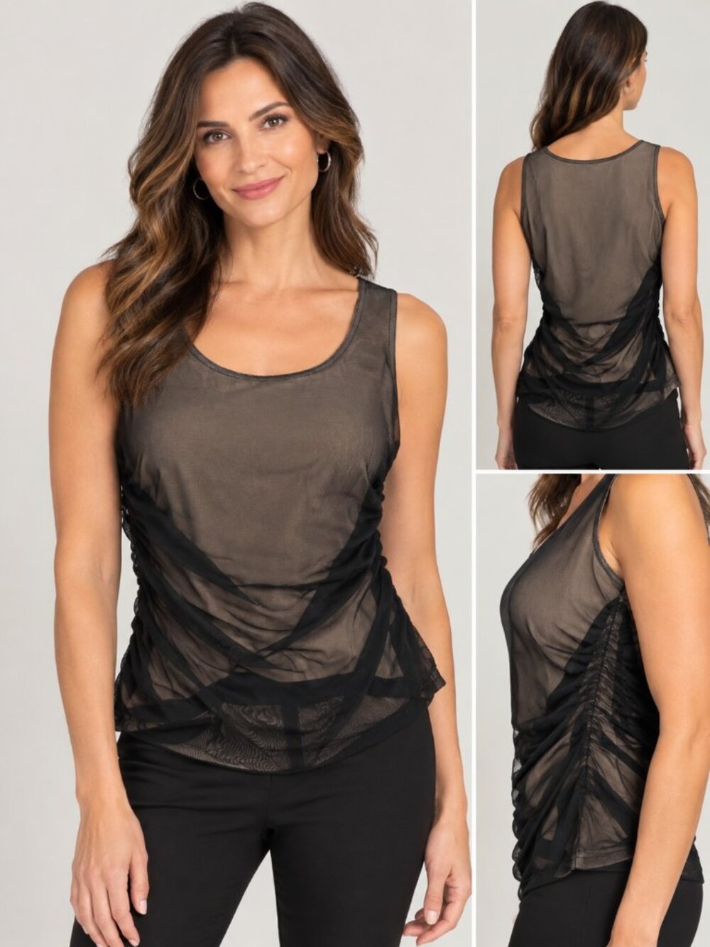 Joseph Ribkoff Sleeveless Sheer Top Camisole Black Ruched Whimsigoth Fitted